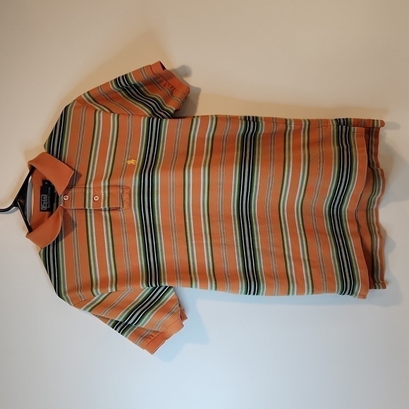 Ralph Lauren Polo Shirt 100% Cotton Men's Sz Small Orange/Blue Striped EUC NICE! - Picture 2 of 10